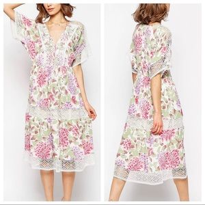 ASOS pink and purple floral bohemian boho crochet lace midi dress